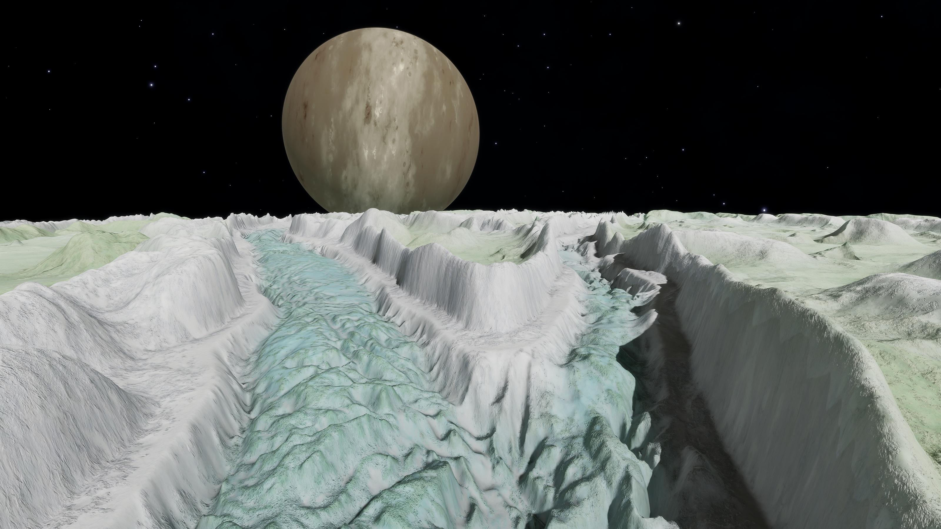 Cyan-floored canyons cutting through green hills